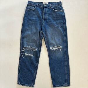 Free People Button Fly Wide Leg Distressed Denim Mom Jeans Womens Size 30